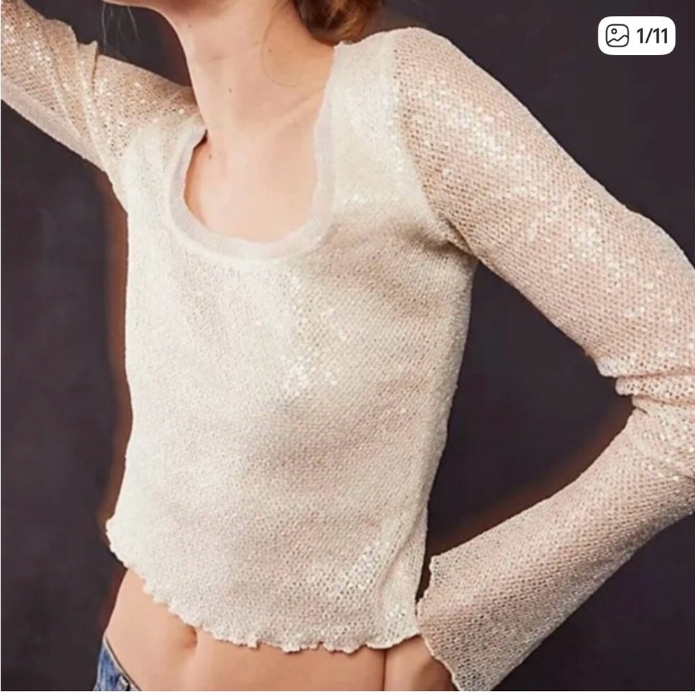 Free People Cream Sequin Long Sleeve Top